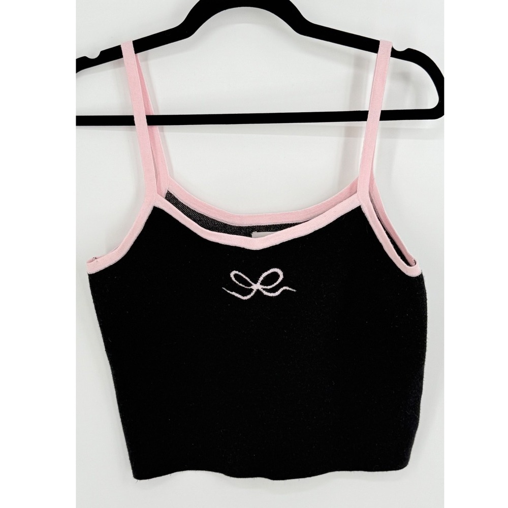 PacSun Womens Black Knit Bow Camisole Tank Top Pink Trim Coquette Large